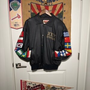 Vintage 1996 Atlanta Olympics Country Flags Black Leather Jacket (M)